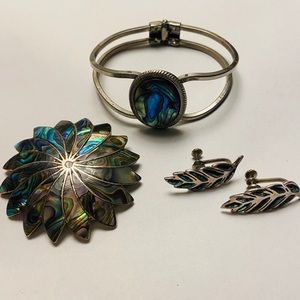 Abalone Jewelry Trio - Bracelet, Earrings, Pin